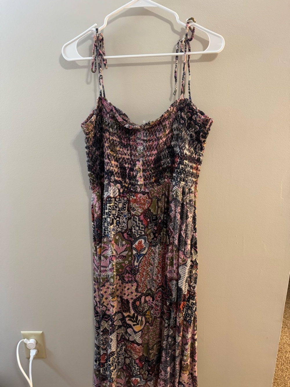 Loft size L Bohemian Multi-Color Smocked Maxi Dress with Tie Straps